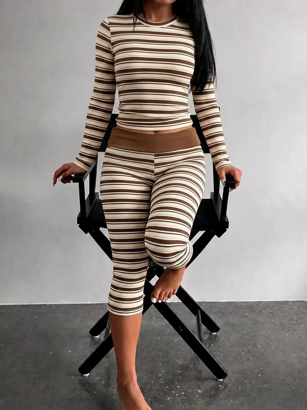 ZARA Casual Matching Striped Slim Fit Crew Neck Long Sleeve Top and Pants Set